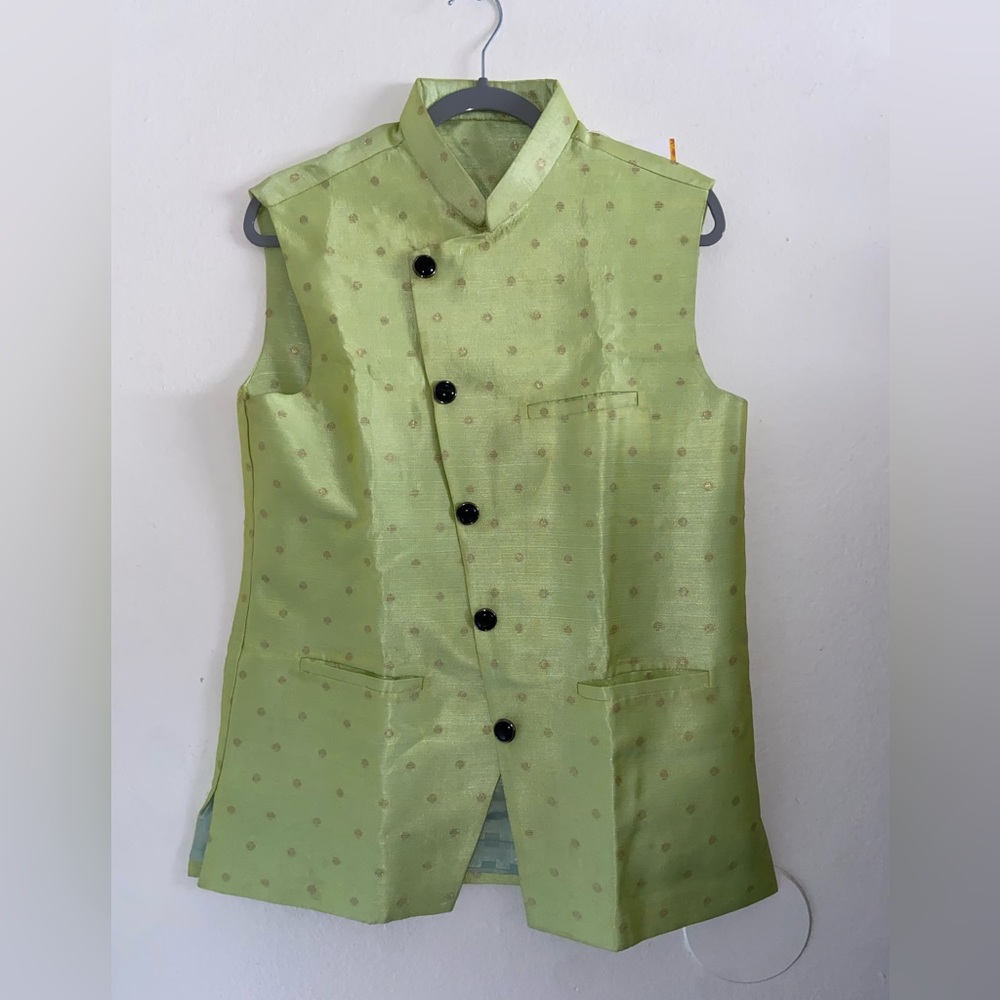 NWT Utsav Men’s Indian Pastel Green Woven Art Silk Jacquard Nehru Jacket Sz 38